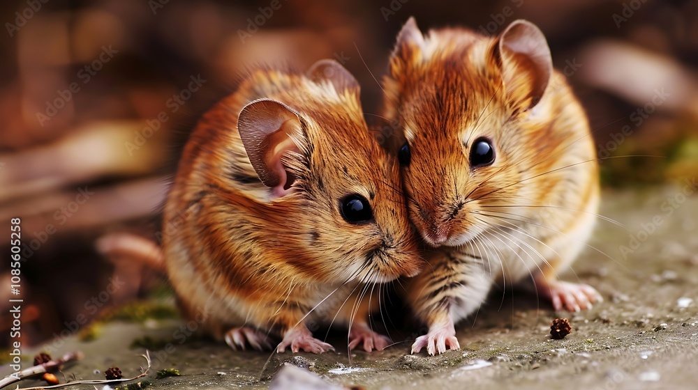 Two adorable small rodents cuddling together on a surface. Two adorable small rodents cuddling together on a surface.