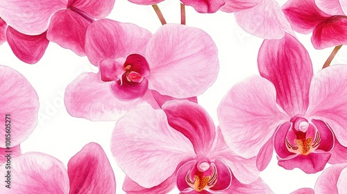 Seamless watercolor pattern of delicate pink orchids on a crisp white background ideal for textile design and home decor