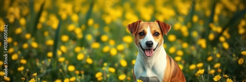 A cheerful Jack Russell terrier, with its tongue slightly out, is positioned in the center of a vibrant field of yellow flowers photo