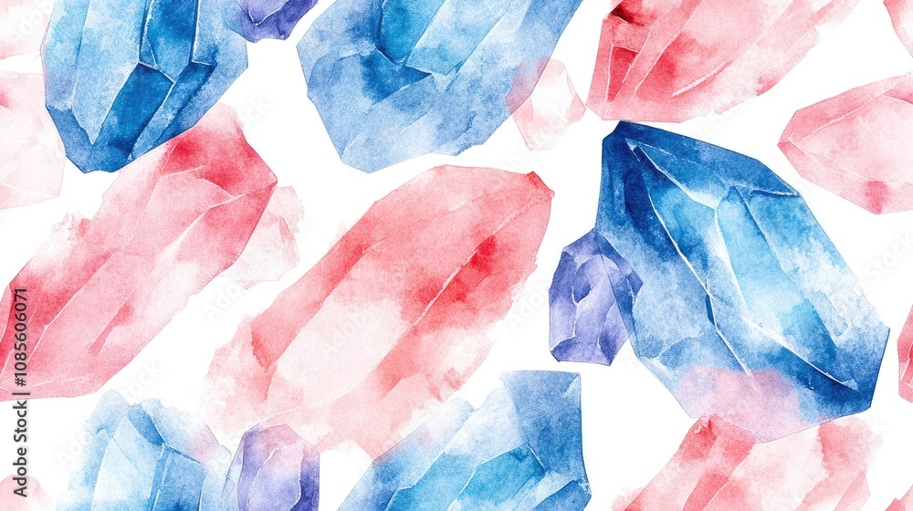 Seamless pattern of delicate pink and blue watercolor crystals isolated on white background perfect for stickers scrapbooking and packaging Seamless pattern of delicate pink and blue watercolor crystals isolated on white background perfect for stickers scrapbooking and packaging