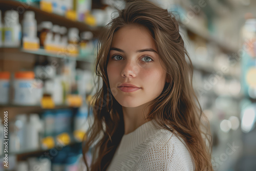 Portrait of confident female pharmacist in the drugstore looking at camera.