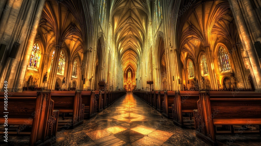 Fototapeta premium High Vaults of a Gothic Revival Cathedral Interior