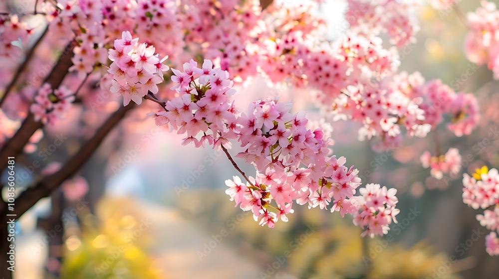 Beautiful blooming cherry blossoms in a peaceful garden, representing spring and nature Beautiful blooming cherry blossoms in a peaceful garden, representing spring and nature