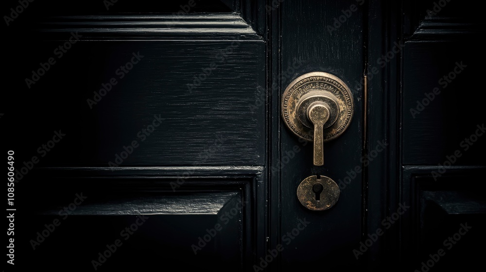 Fototapeta premium Antique Brass Door Handle and Keyhole on a Dark Wooden Door