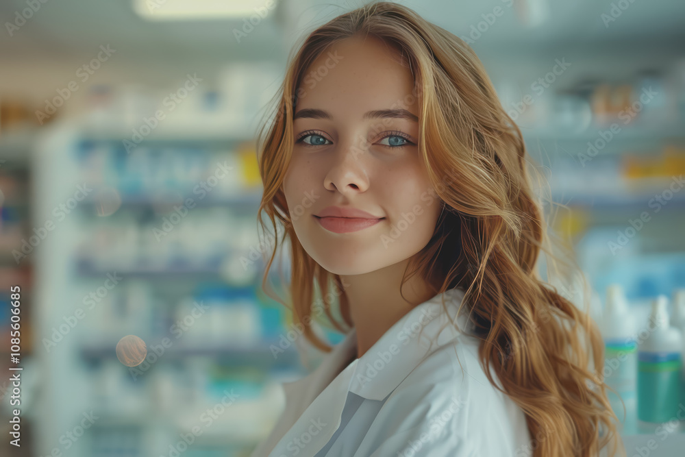 Portrait of confident female pharmacist in the drugstore looking at camera. Portrait of confident female pharmacist in the drugstore looking at camera.