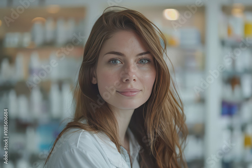 Portrait of confident female pharmacist in the drugstore looking at camera.