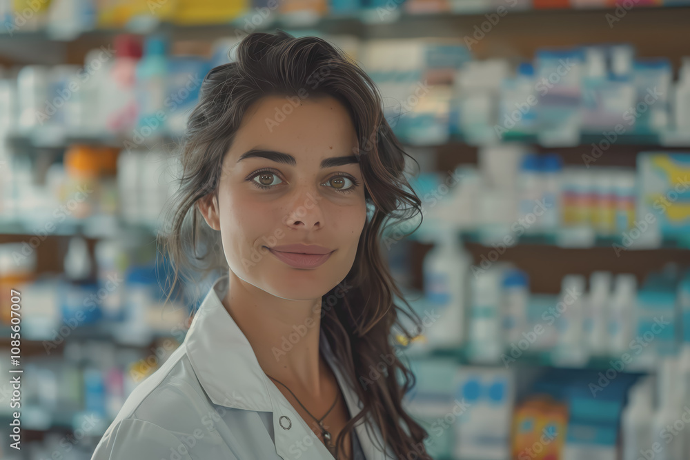 Portrait of confident female pharmacist in the drugstore looking at camera. Portrait of confident female pharmacist in the drugstore looking at camera.