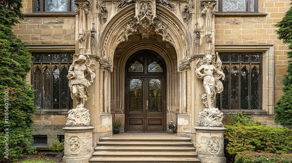 Obraz premium Entrance of a Gothic Revival Building with Sculptures