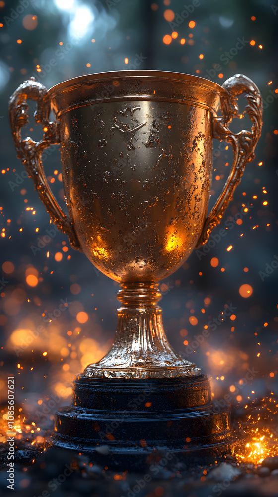 A golden trophy surrounded by lightning and sparks, representing victory and achievement.
A golden trophy surrounded by lightning and sparks, representing victory and achievement.
