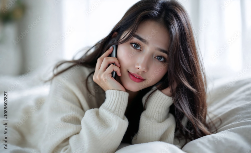 Relaxed Woman in Cozy Sweater Talking on Phone at Home Relaxed Woman in Cozy Sweater Talking on Phone at Home