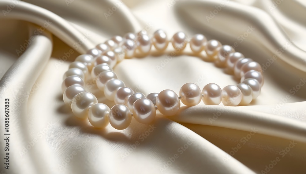 Elegant Strand of Pearls on Soft Fabric Background Elegant Strand of Pearls on Soft Fabric Background