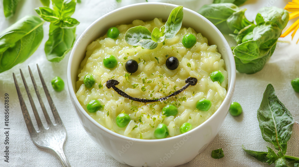 Cheerful bowl of risotto garnished with peas and herbs, served on a white cloth in a bright kitchen setting Cheerful bowl of risotto garnished with peas and herbs, served on a white cloth in a bright kitchen setting