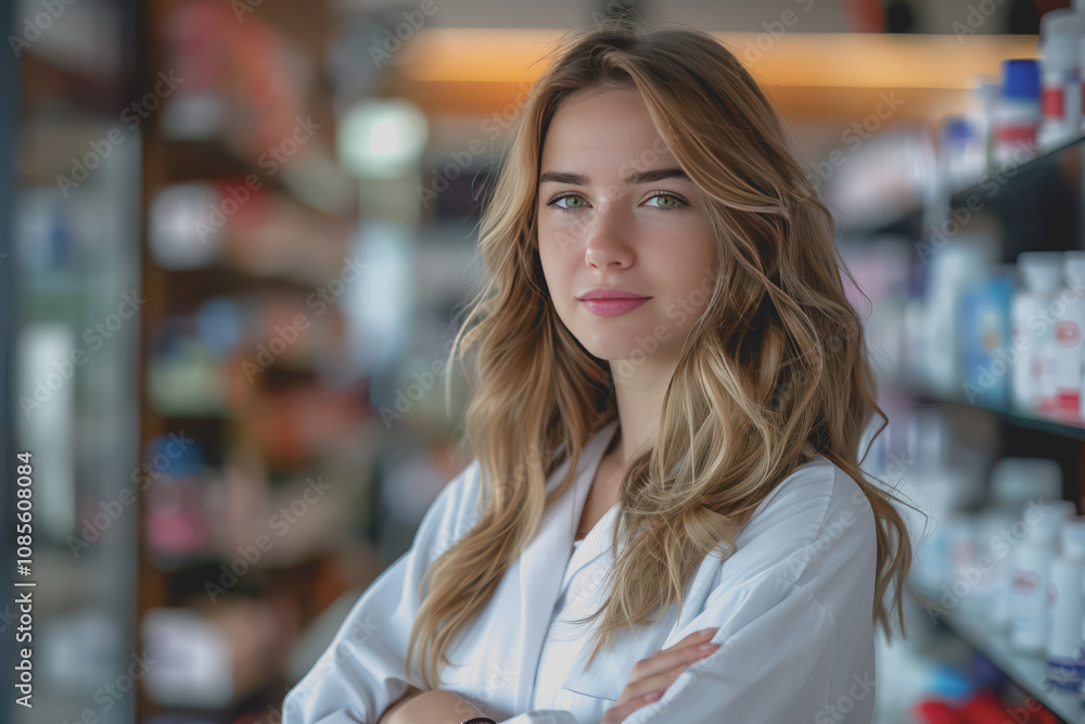 Portrait of confident female pharmacist in the drugstore looking at camera. Portrait of confident female pharmacist in the drugstore looking at camera.
