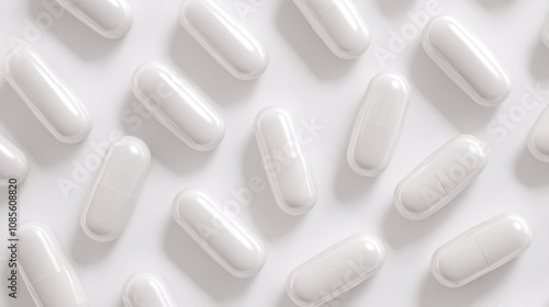 Collection of White Capsules on a Light Background for Health and Wellness Themes in Stock Photography photo