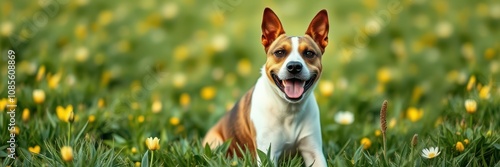 A cheerful dog enjoys a spring day amidst a vibrant field of blooming buttercups