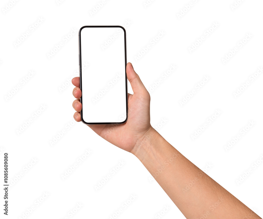 Hand showing smartphone with blank screen isolated on white background. Hand showing smartphone with blank screen isolated on white background.