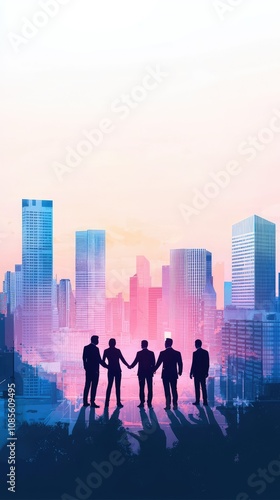 Minimalist Business People Shaking Hands in City Background