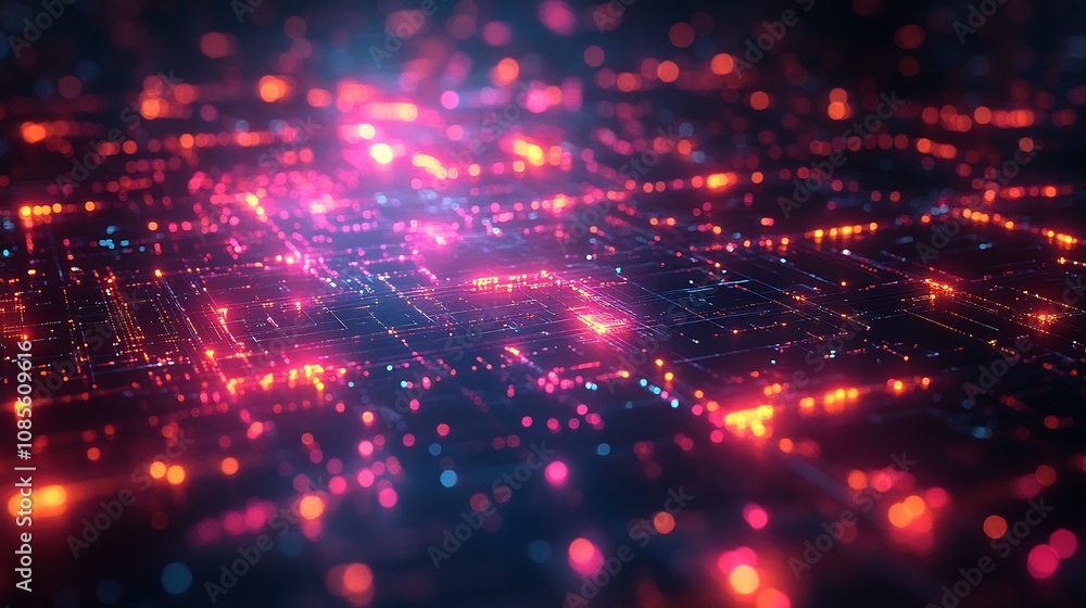 Obraz premium Abstract visualization of business automation featuring dynamic AI tools secure systems interactive glowing processes