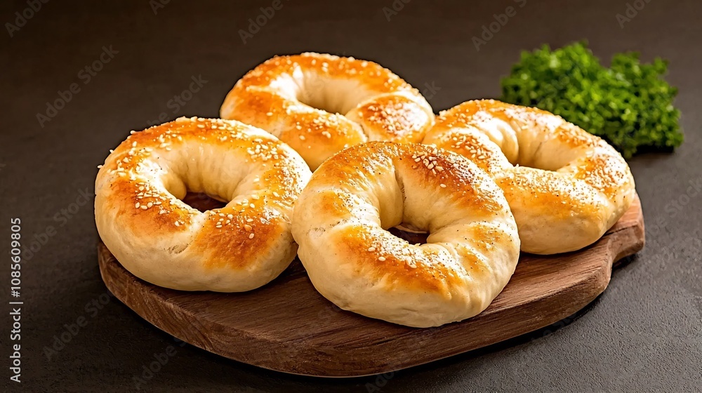 Freshly Baked Bagels on Wooden Board with Open Space Above for Bakery Text Freshly Baked Bagels on Wooden Board with Open Space Above for Bakery Text