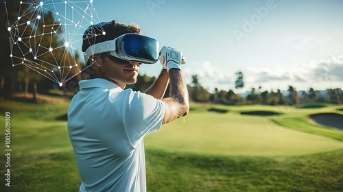 A golfer wearing a virtual reality headset embraces futuristic technology on the golf course, exemplifying a blend of sports and innovation under a clear blue sky.