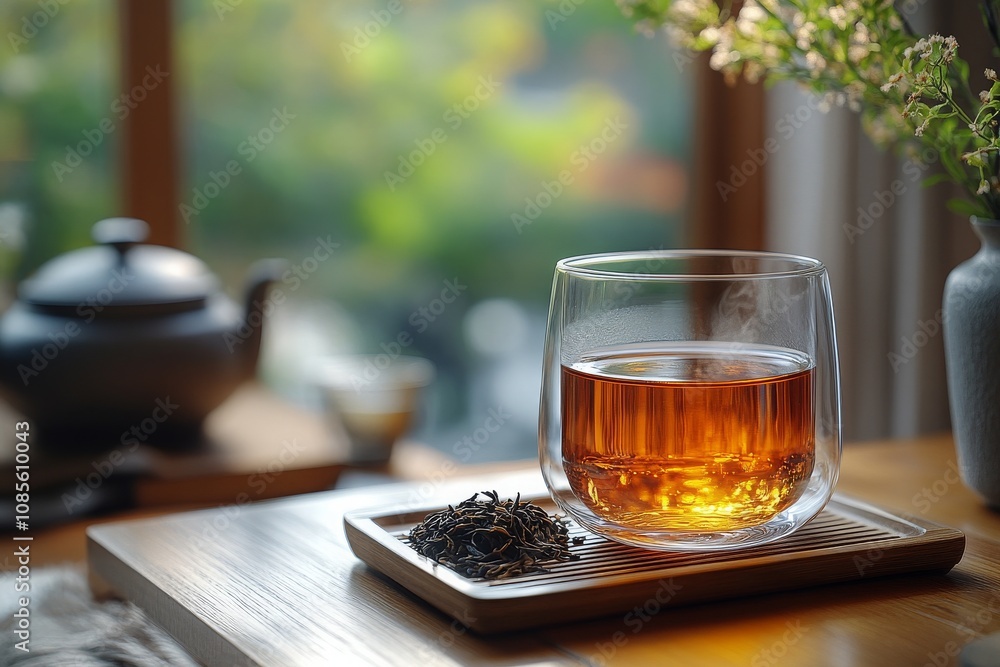 Cup of tea close-up on table with tea leaves against background of cozy room. Hot drink, tea party, banner with space for text Cup of tea close-up on table with tea leaves against background of cozy room. Hot drink, tea party, banner with space for text