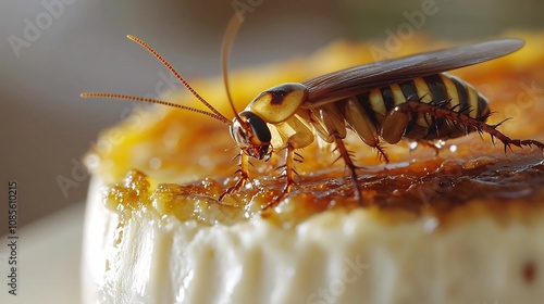 Wasp Crawling Across Crme Brle with Cracked Caramelized Sugar Surface photo