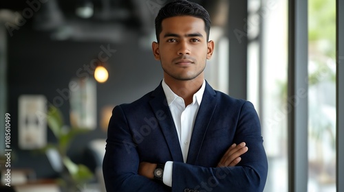 Portrait of Smiling Confident Young Businessman in Suit Looking at Camera Generative AI