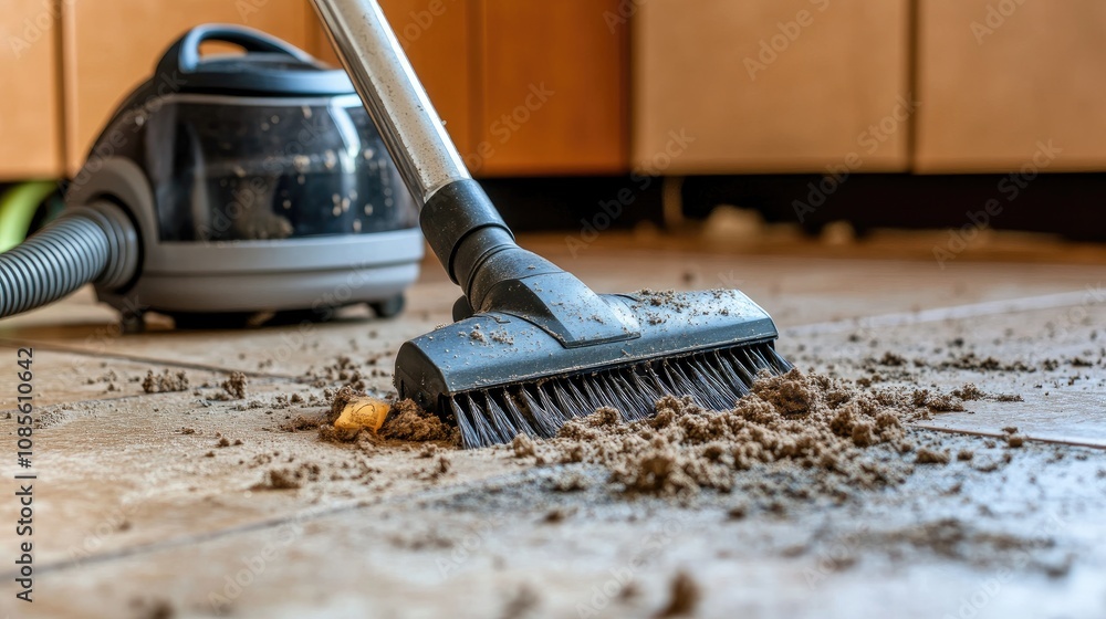 Close-Up View of a Vacuum Cleaner with Brush Attachment Cleaning Dust and Debris from a Tile Floor in a Sunlit Kitchen Environment Close-Up View of a Vacuum Cleaner with Brush Attachment Cleaning Dust and Debris from a Tile Floor in a Sunlit Kitchen Environment
