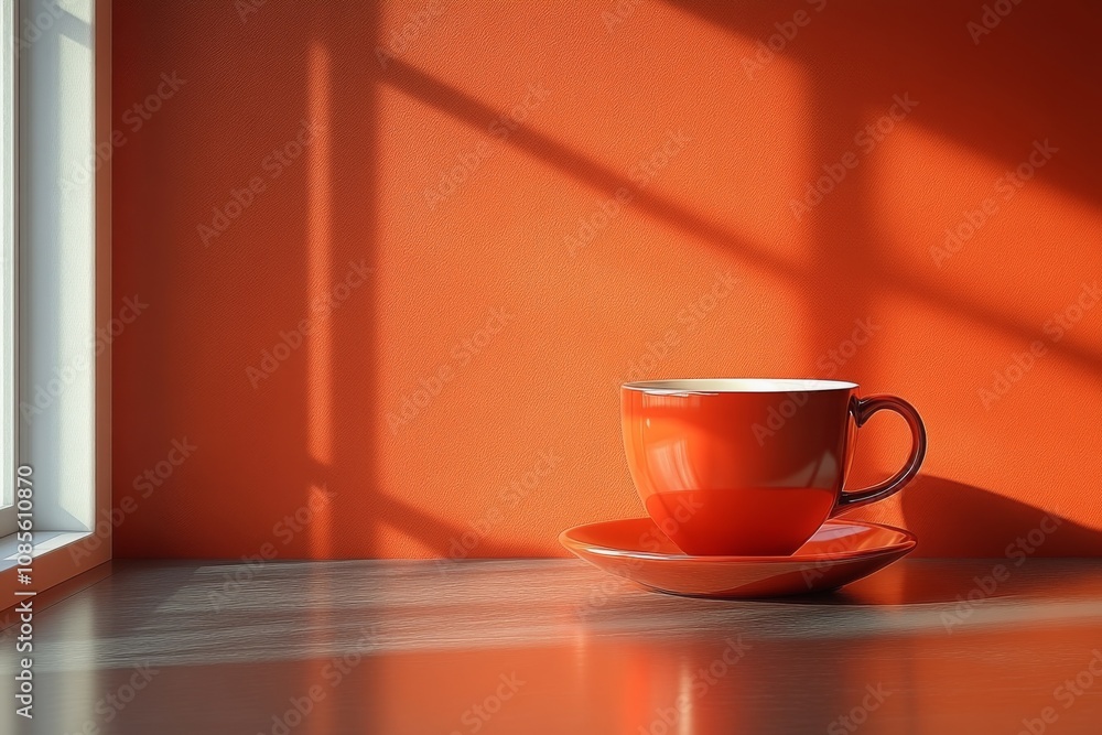Cup of coffee on table on red background with space for text. Hot drink, cappuccino, latte Cup of coffee on table on red background with space for text. Hot drink, cappuccino, latte