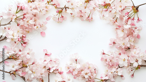 春の訪れを告げる3月・4月の桜：ピンクの花びらが彩る写真、白バックフレームで余白とコピースペース付き