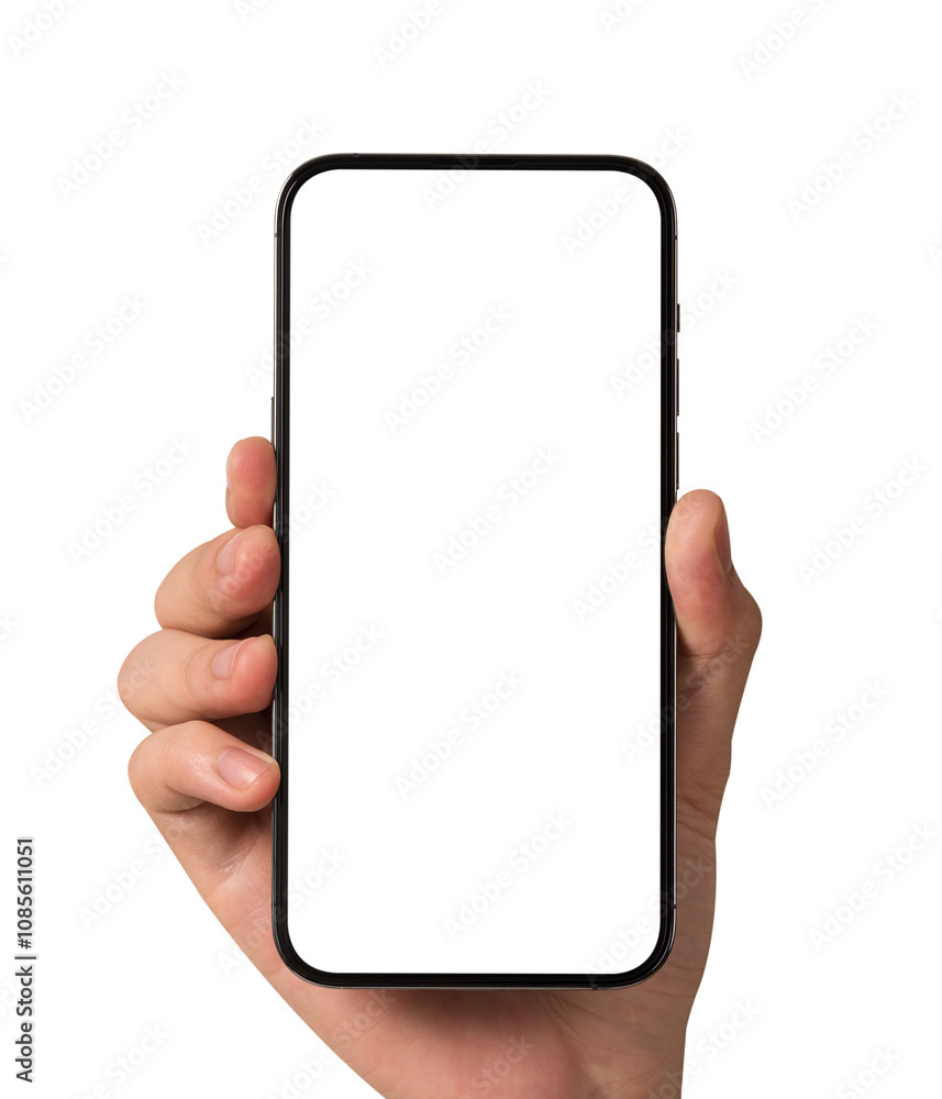 Hand showing smartphone with blank screen isolated on white background. Hand showing smartphone with blank screen isolated on white background.