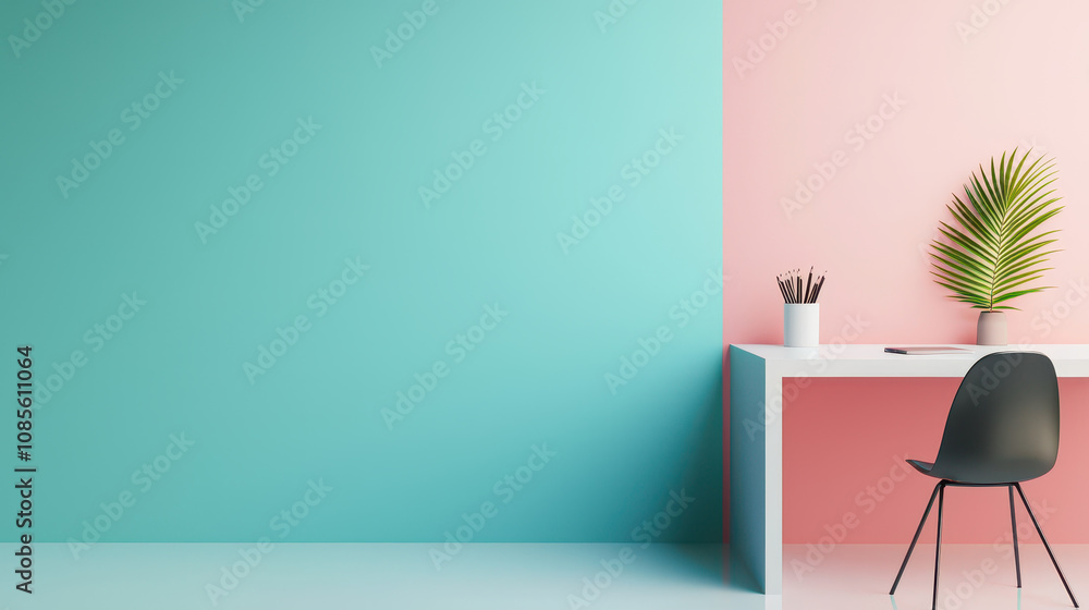 Minimal pastel office cubicle with greenery, featuring desk and chair. serene environment promotes quiet work atmosphere Minimal pastel office cubicle with greenery, featuring desk and chair. serene environment promotes quiet work atmosphere