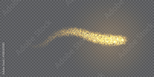 Golden glitter dust swirl. Magic swoosh light trail. Sparkling festive element of design. Abstract vector illustration with overlay effect and transparency