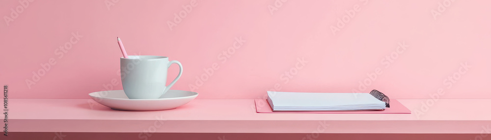minimal pastel study desk featuring notepad and cup of coffee creates serene workspace. soft pink background enhances calming atmosphere, perfect for productivity minimal pastel study desk featuring notepad and cup of coffee creates serene workspace. soft pink background enhances calming atmosphere, perfect for productivity