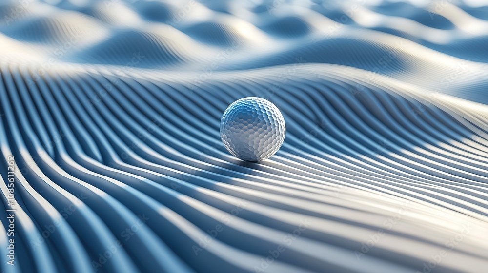 Abstract 3D render showcasing a single golf ball resting on textured, wavy lines in a serene, monochromatic landscape, emphasizing patterns and focus. Abstract 3D render showcasing a single golf ball resting on textured, wavy lines in a serene, monochromatic landscape, emphasizing patterns and focus.