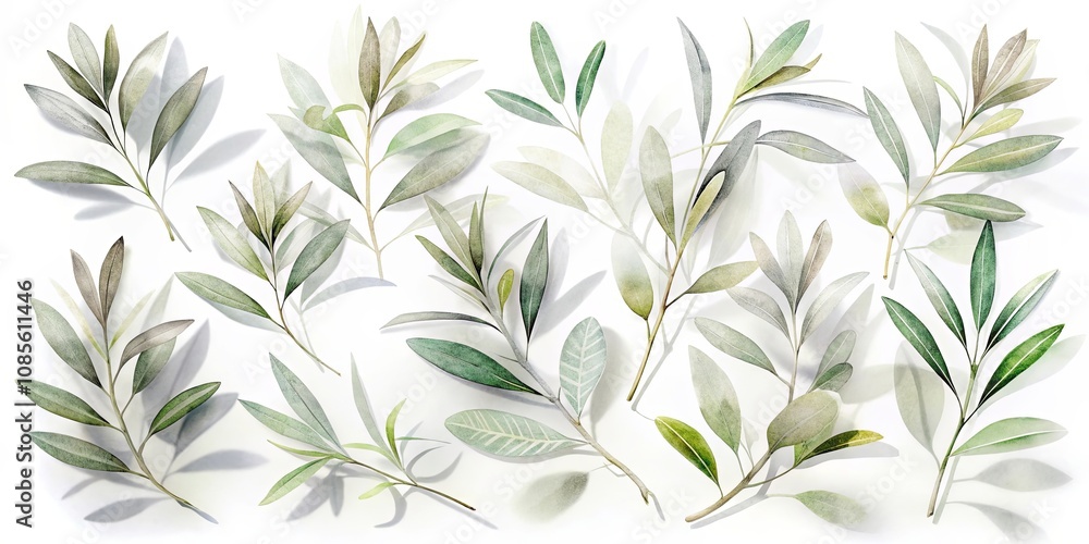 Watercolor Illustration of Delicate Green Twigs with Soft Shadows on a White Background Watercolor Illustration of Delicate Green Twigs with Soft Shadows on a White Background