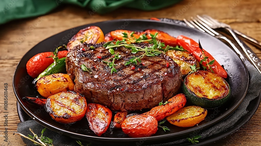 Grilled Steak Platter with Roasted Vegetables on Black Plate for Upscale Restaurant Menu Grilled Steak Platter with Roasted Vegetables on Black Plate for Upscale Restaurant Menu