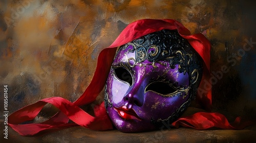 Purple and black masquerade mask with ribbon. photo