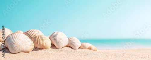 serene beach scene featuring seashells on soft sand under clear blue sky, evoking sense of tranquility and relaxation