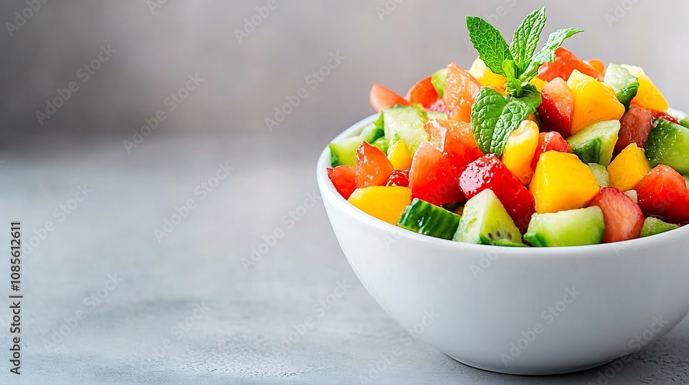 Vibrant Fruit Salad in Bowl with Mint Garnish for Healthy Snacking or Meal Vibrant Fruit Salad in Bowl with Mint Garnish for Healthy Snacking or Meal