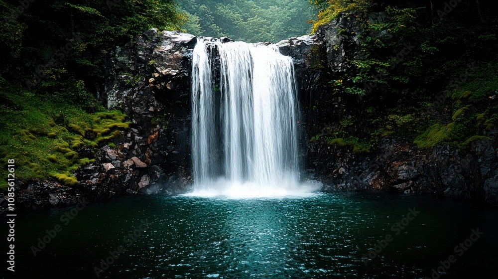 Obraz premium A serene waterfall cascades into a tranquil pool, surrounded by lush greenery, creating a peaceful natural oasis.