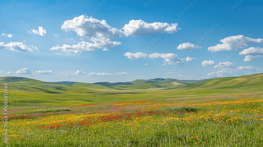 Obraz premium Colorful Wildflowers on Hills Under Bright Sky