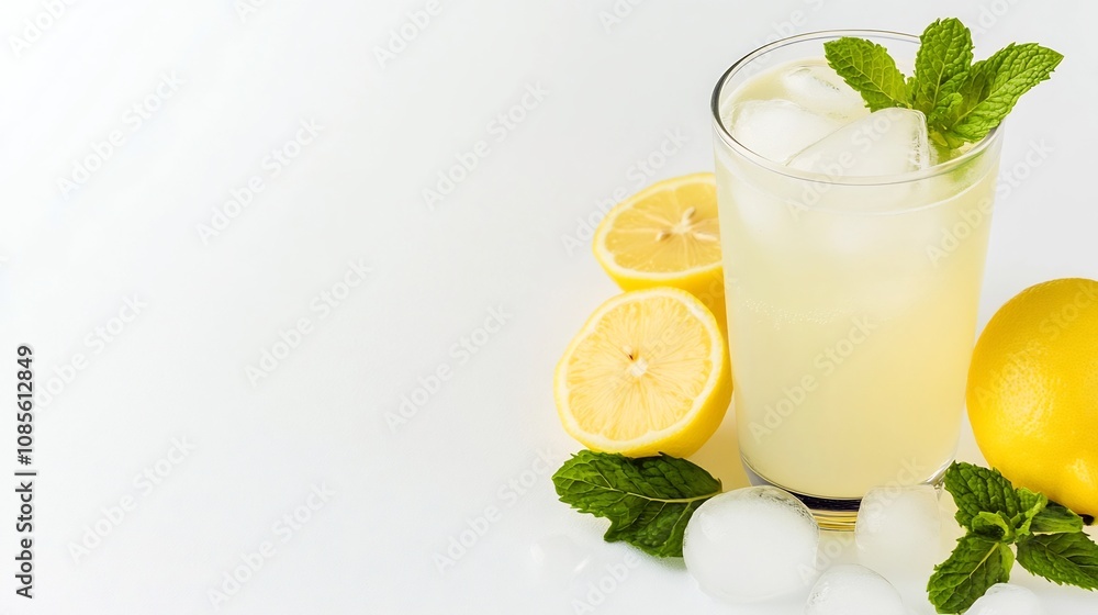 Fototapeta premium Refreshing Glass of Homemade Lemonade with Ice and Mint Leaves