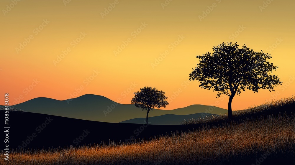 Fototapeta premium Twilight Silhouette of Trees Against Rolling Hills