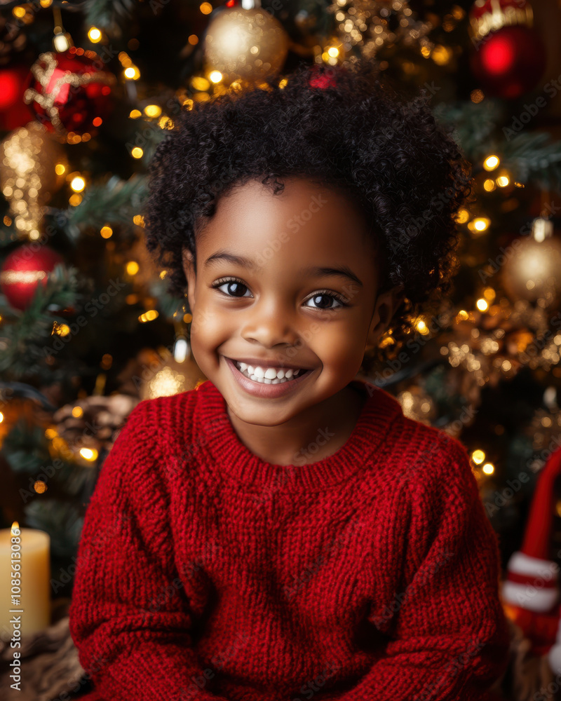 Happy child wearing knitted red clothes, sitting in front of a Christmas tree. Happy child wearing knitted red clothes, sitting in front of a Christmas tree.