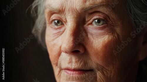 A woman with a wrinkled face and gray hair