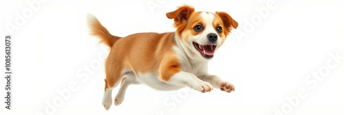 A small, short-haired dog with brown and white fur is captured mid-jump against a white background