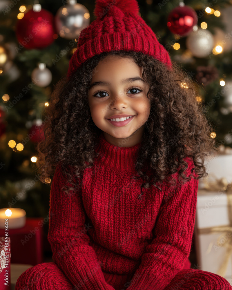 Happy child wearing knitted red clothes, sitting in front of a Christmas tree. Happy child wearing knitted red clothes, sitting in front of a Christmas tree.