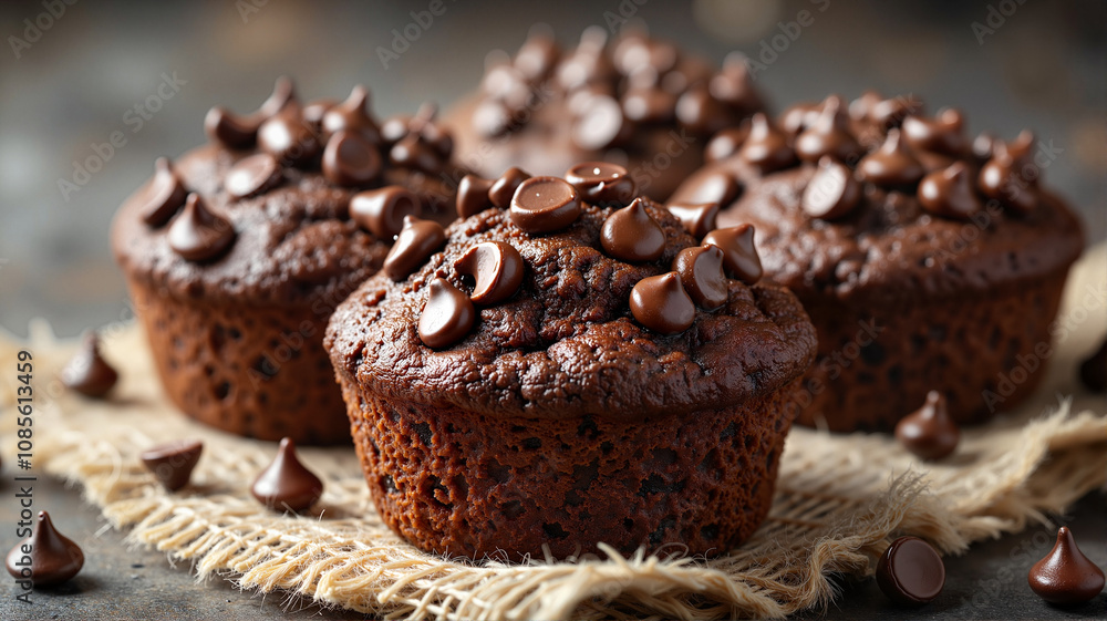 Decadent chocolate muffins topped with chocolate chips - perfect for dessert blogs, bakery websites, recipe books, or indulgent food photography Decadent chocolate muffins topped with chocolate chips - perfect for dessert blogs, bakery websites, recipe books, or indulgent food photography