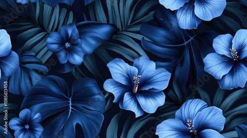 Navy and gray seamless textile pattern featuring blue tropical flowers and cobalt floral leaves ideal for fabric design and home decor